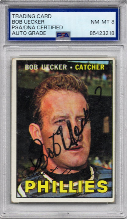 1967 TOPPS BOB UECKER AUTOGRAPH PSA/DNA (3218) AUTO GRADE 8
