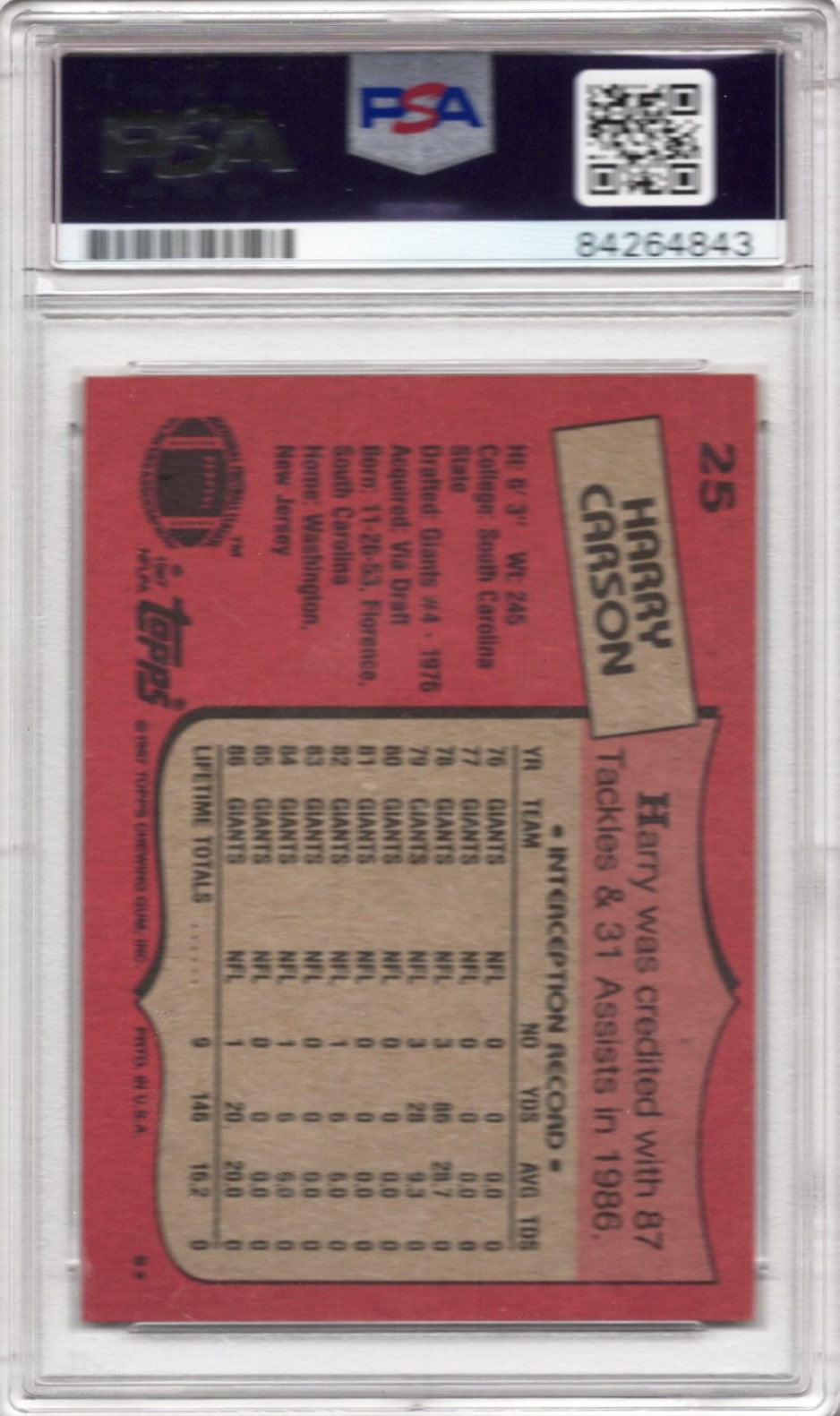 1987 TOPPS HARRY CARSON AUTOGRAPH PSA/DNA (4843)