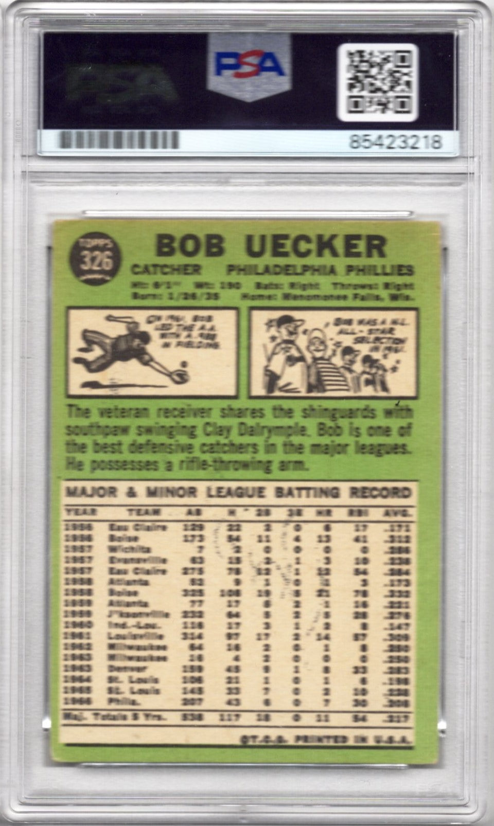 1967 TOPPS BOB UECKER AUTOGRAPH PSA/DNA (3218) AUTO GRADE 8