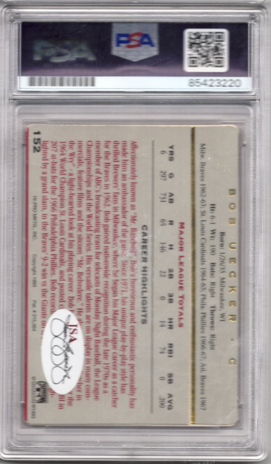 1993 ACTION PACKED BOB UECKER AUTOGRAPH PSA/DNA (3220) AUTO GRADE MINT 9