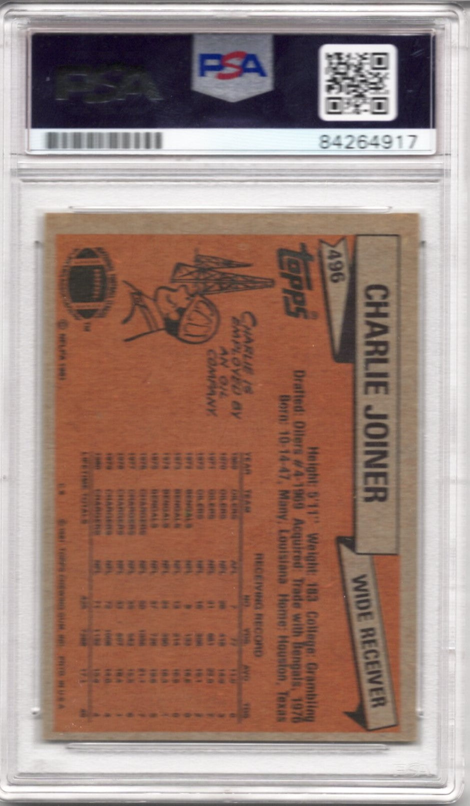1981 TOPPS CHARLIE JOINER AUTOGRAPH PSA/DNA (4917)