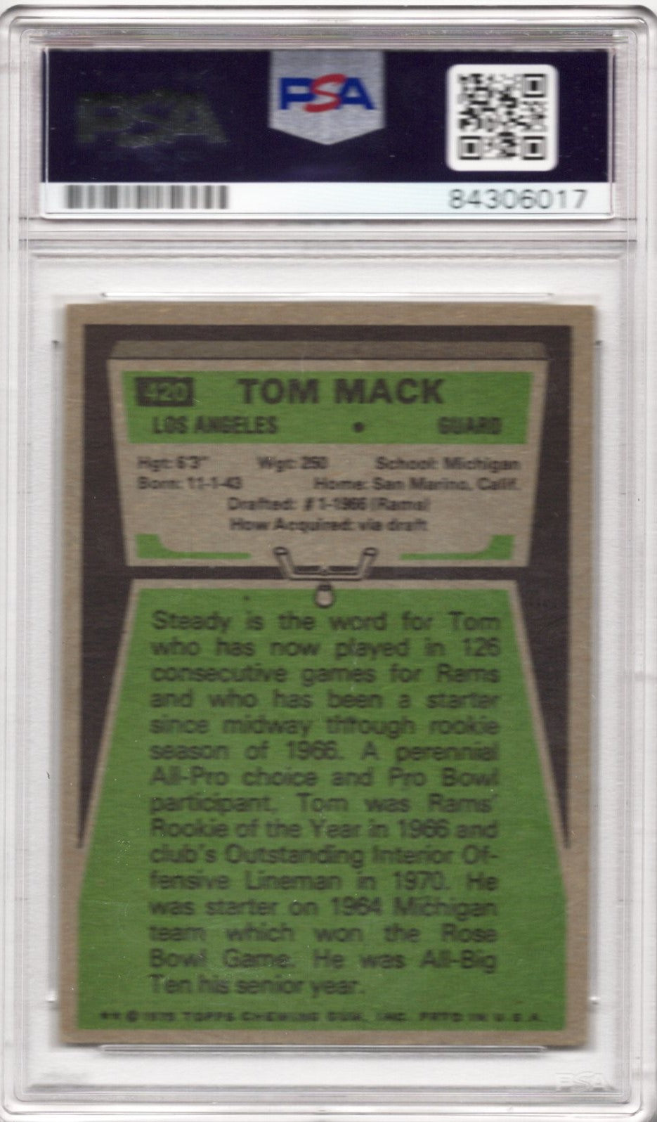 1975 TOPPS TOM MACK AUTOGRAPH PSA/DNA