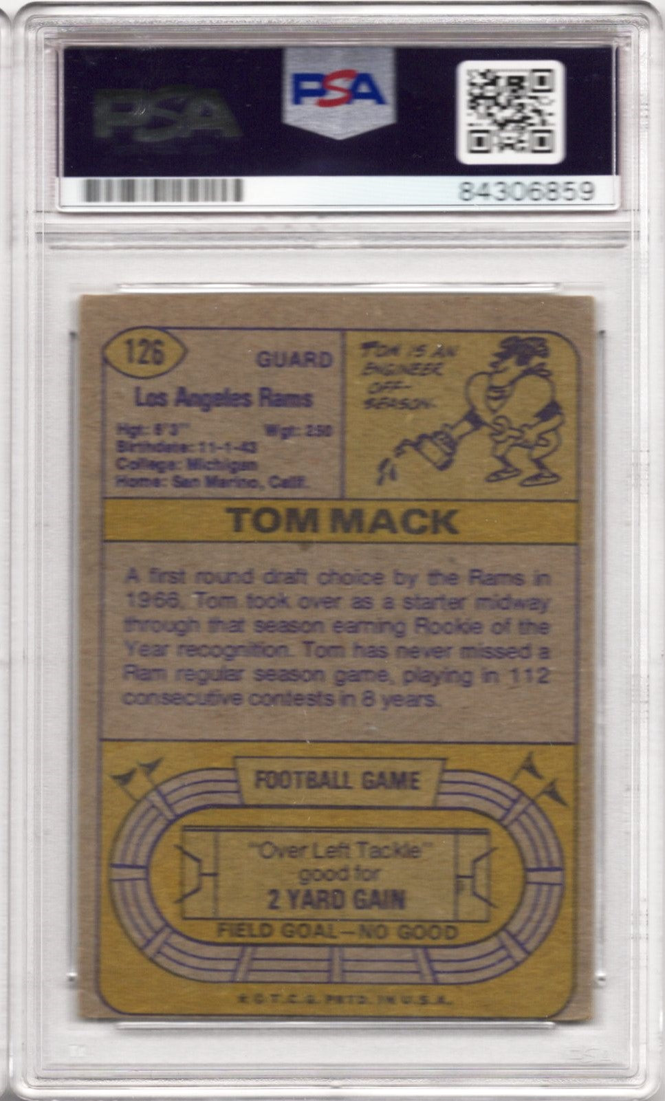 1974 TOPPS TOM MACK AUTOGRAPH PSA/DNA (6859)