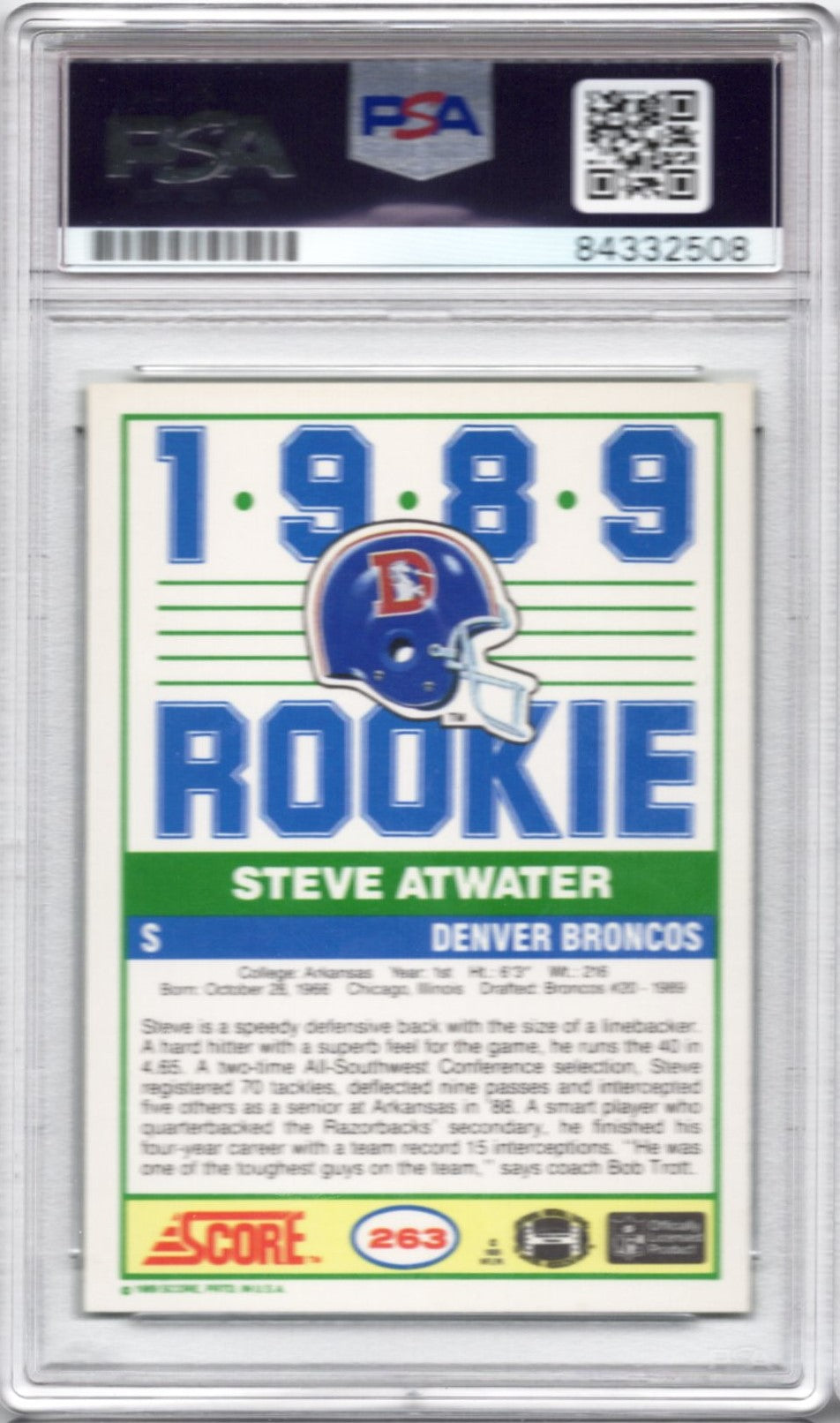 1989 SCORE STEVE ATWATER ROOKIE AUTOGRAPH PSA/DNA (2508)