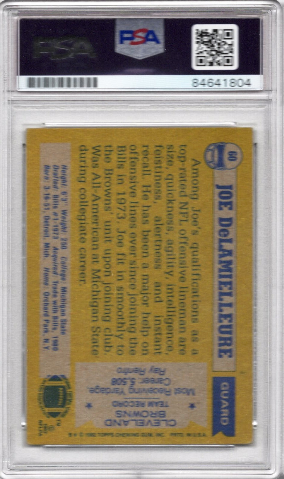 1982 TOPPS JOE DeLAMIELLEURE AUTOGRAPH PSA/DNA (1804)