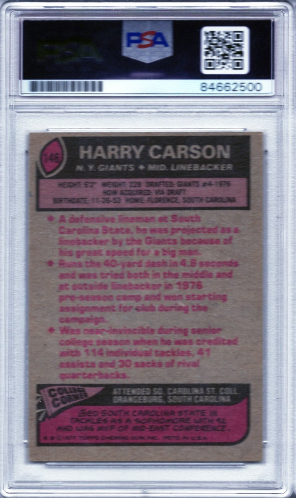 1977 TOPPS HARRY CARSON AUTOGRAPH PSA/DNA (2500)