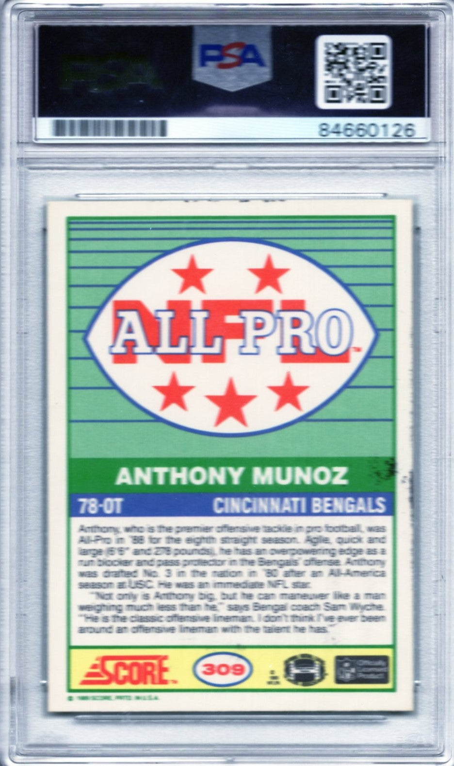 1989 SCORE ANTHONY MUNOZ AUTOGRAPH PSA/DNA (0126)