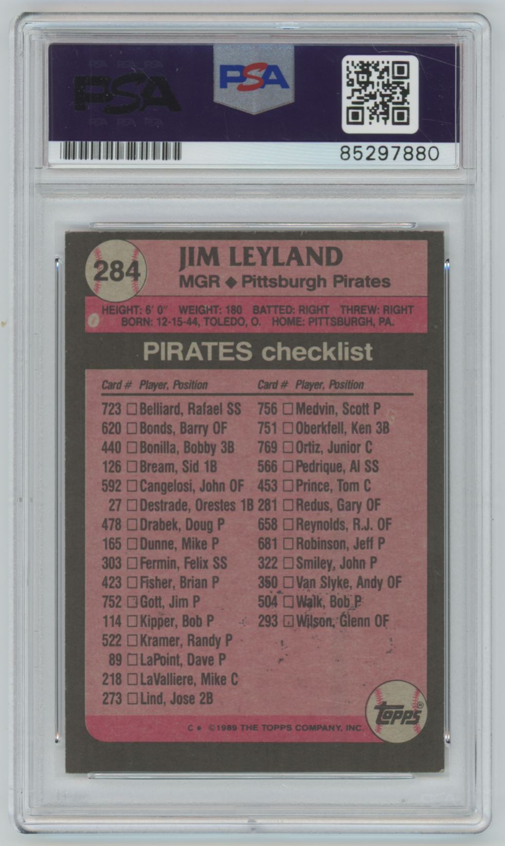 1989 Topps Jim Leyland Auto - PSA/DNA Authentic