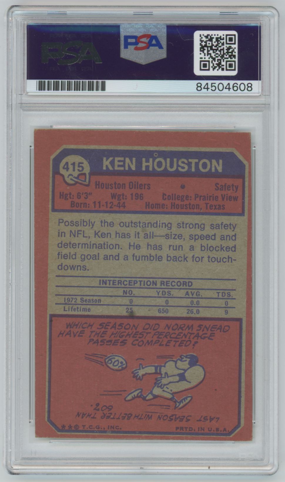 1973 Topps #415 Ken Houston Auto - PSA/DNA 'HOF 85 INSCRIPTION OILERS