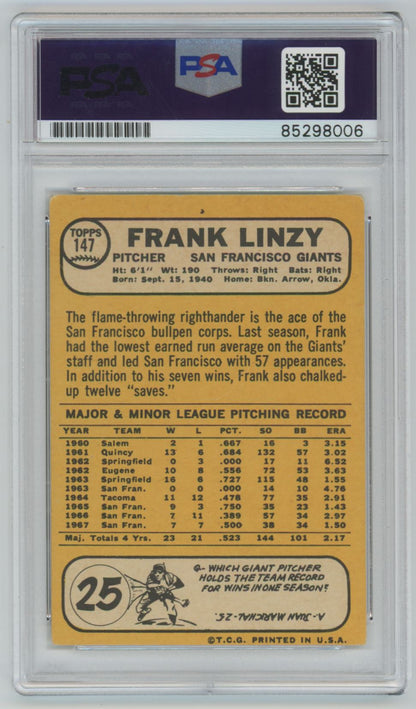 1968 Topps Frank Linzy Auto - PSA/DNA Authentic (8006)