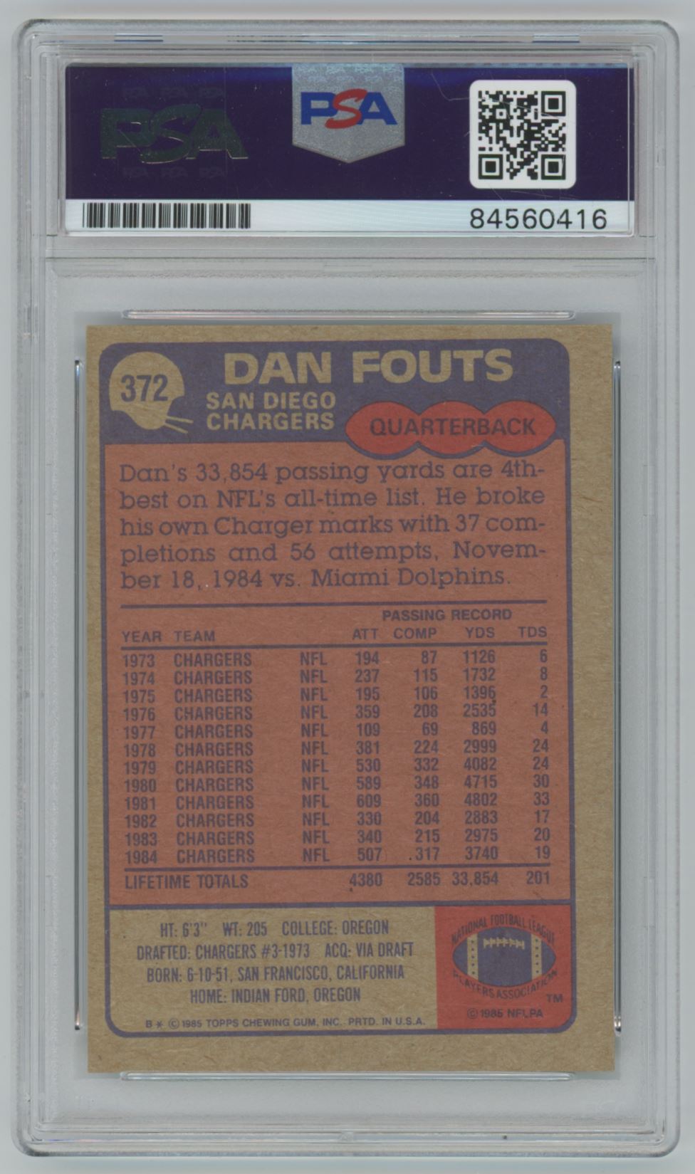 1985 Topps Dan Fouts #372 Auto - PSA 10 (Auto Grade) - Horizontal Auto