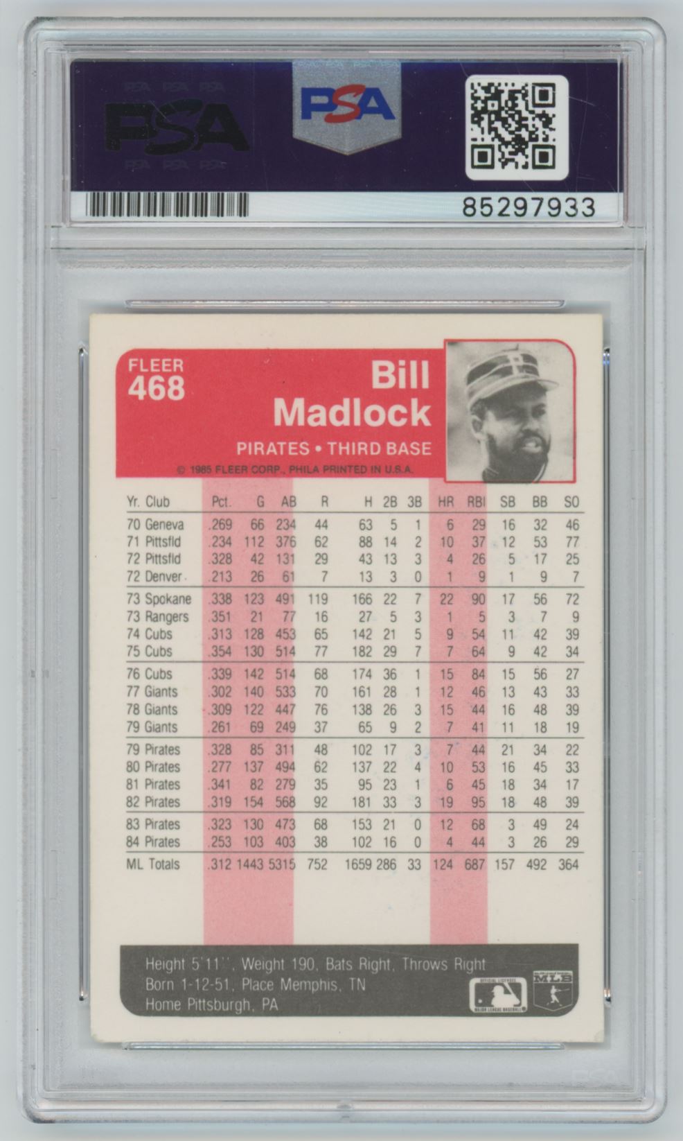 1985 Fleer Bill Madlock Auto - PSA/DNA Authentic