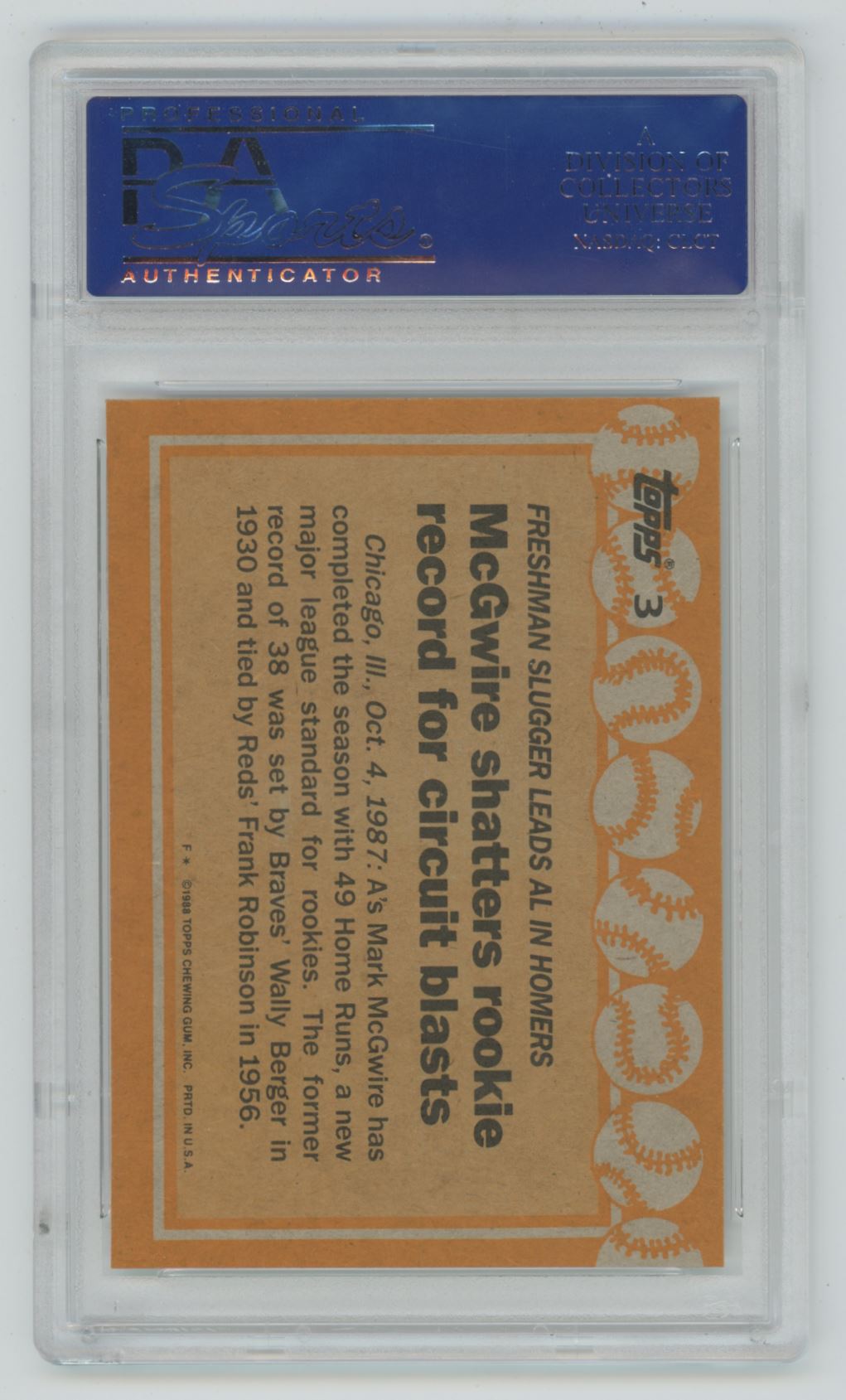 1988 Topps Mark McGwire No White Triangle #3 - PSA 10