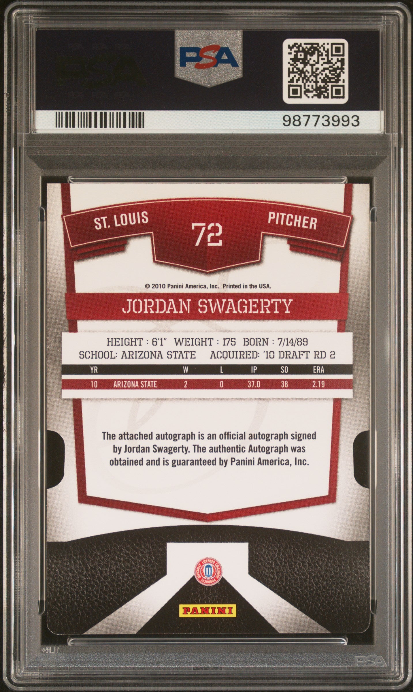 2010 Donruss Elite Extra Edition Jordan Swagerty #72 MAGIC AUTO ERR /100 PSA 10