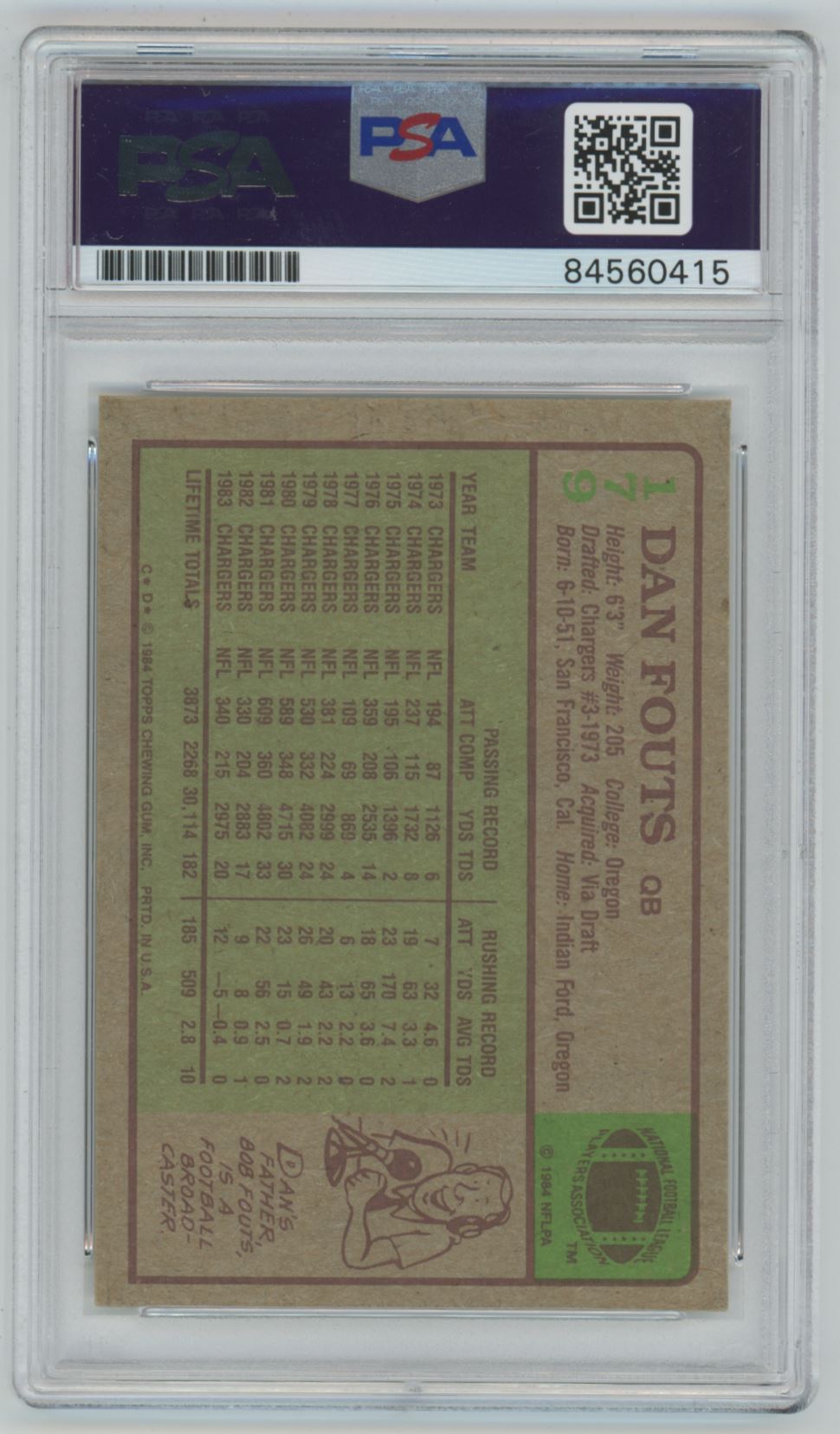 1984 Topps Dan Fouts #179 Auto - PSA 10 (Auto Grade)