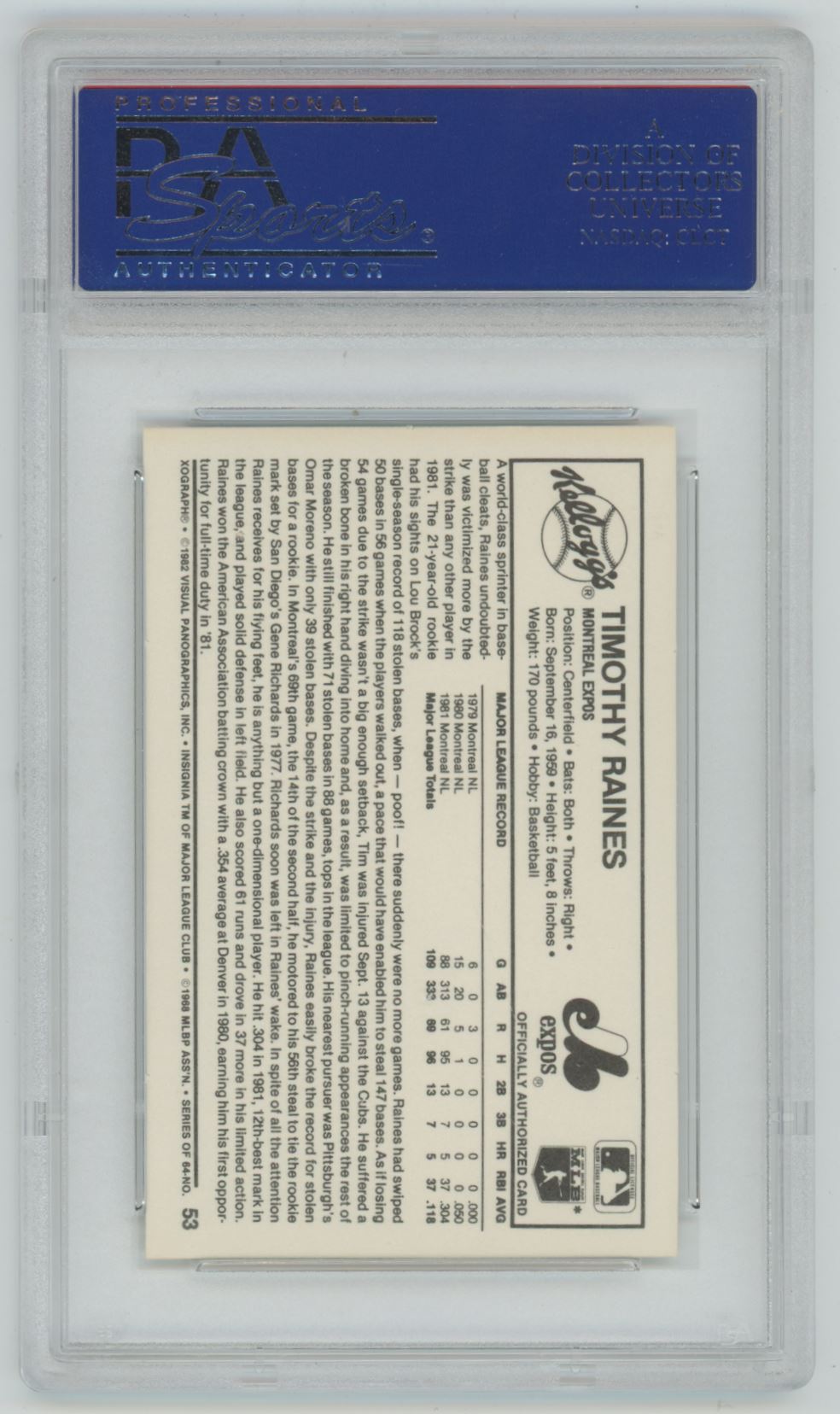 1982 Kellogg's Tim Raines #53 - PSA 10