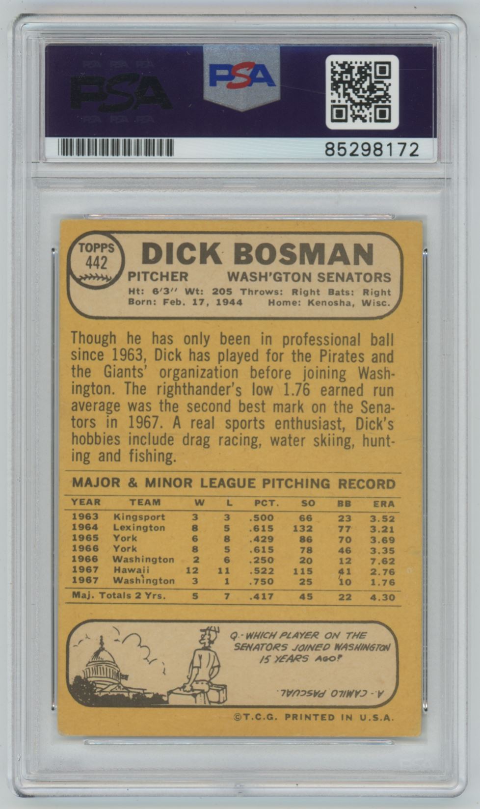 1968 Topps Dick Bosman Auto - PSA/DNA Authentic (8172)