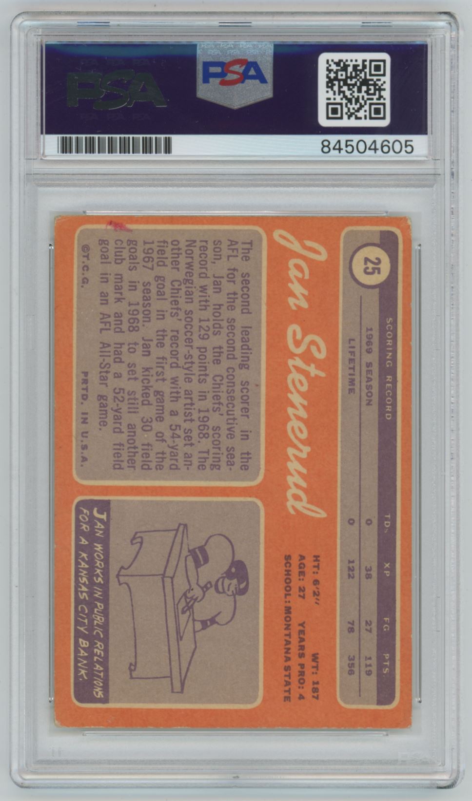 1970 Topps Jan Stenerud  ROOKIE #25 Auto - PSA/DNA