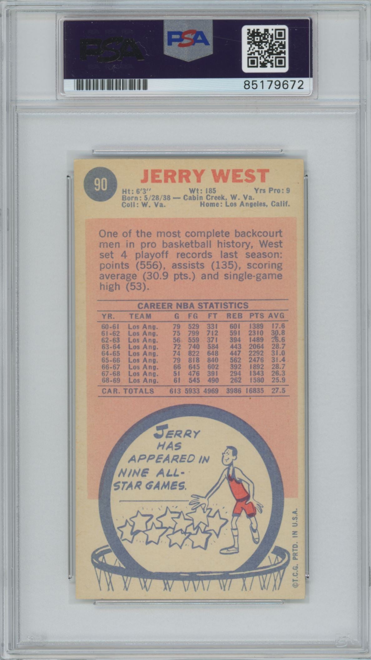 1969 Topps #90 Jerry West "HOF 1980-2010" Auto - PSA/DNA (9672)