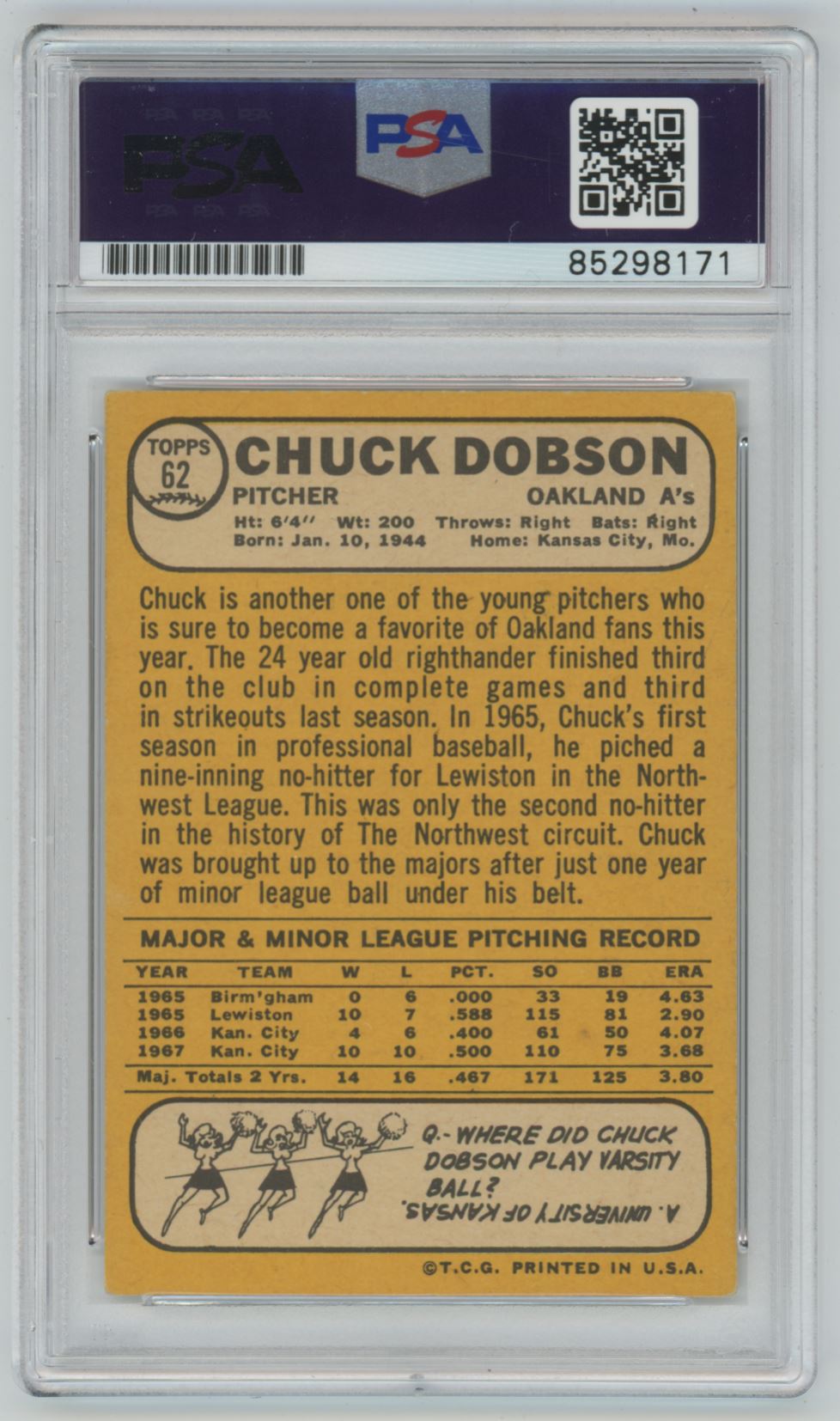 1968 Topps Chuck Dobson Auto - PSA/DNA Authentic (8171)