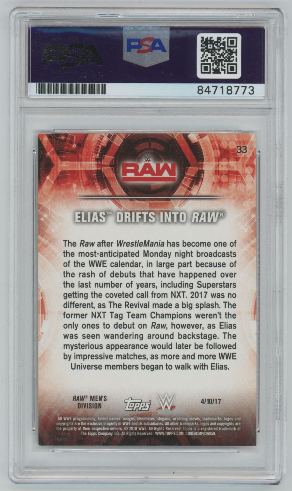 2018 Topps WWE Raw Elias Auto - PSA/DNA