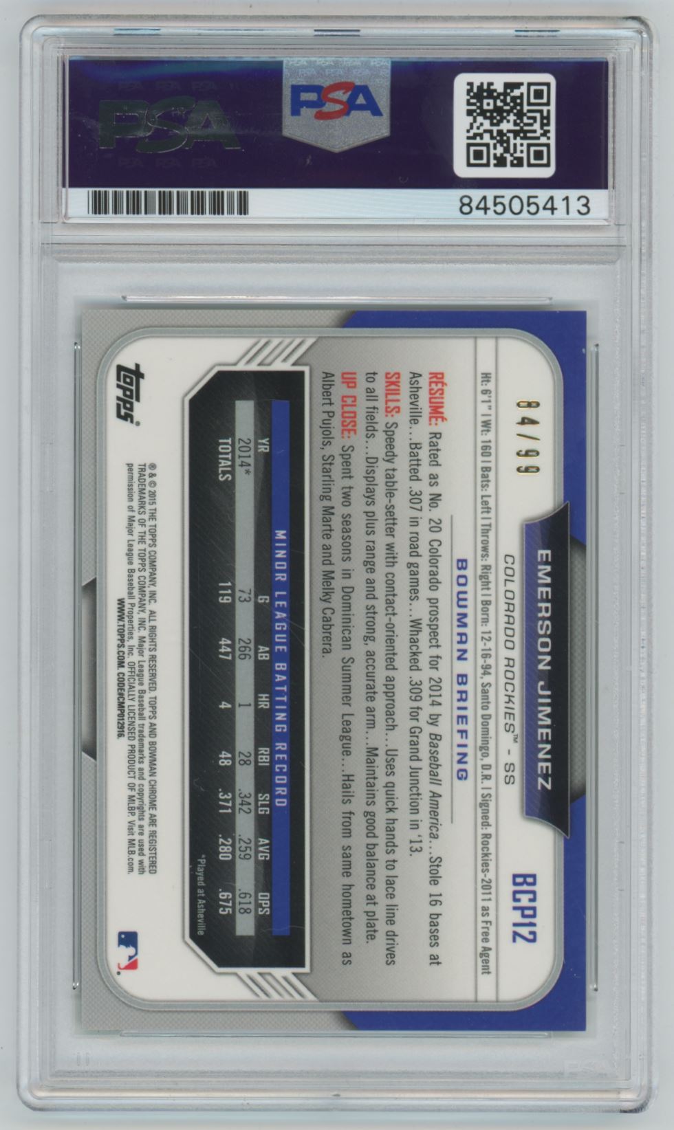 2015 Bowman Chrome 1st Emerson Jimenez Rockies Green Refractor /99 Auto - PSA/DNA