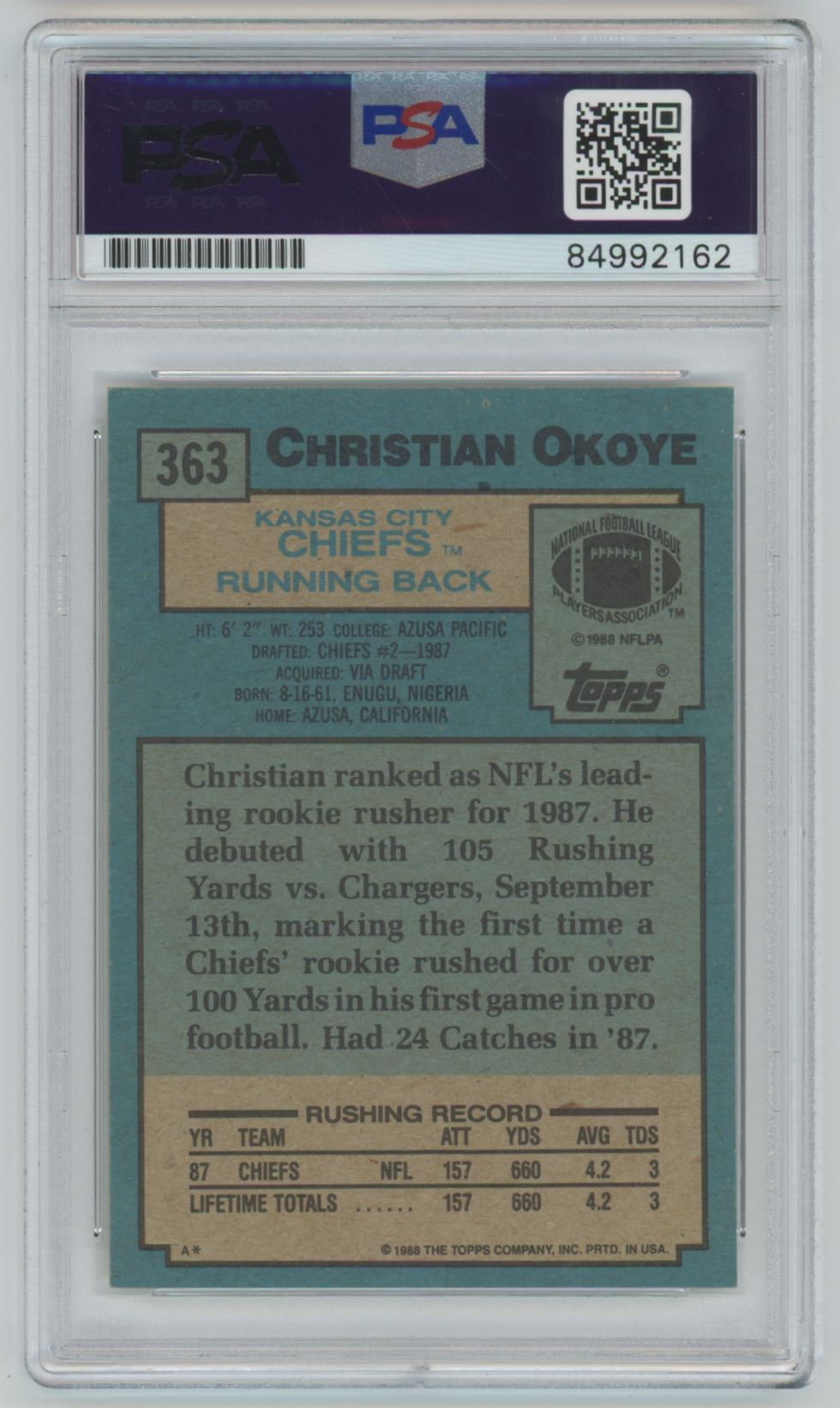 1988 Topps Christian Okoye Rookie Card #363 Auto - PSA/DNA