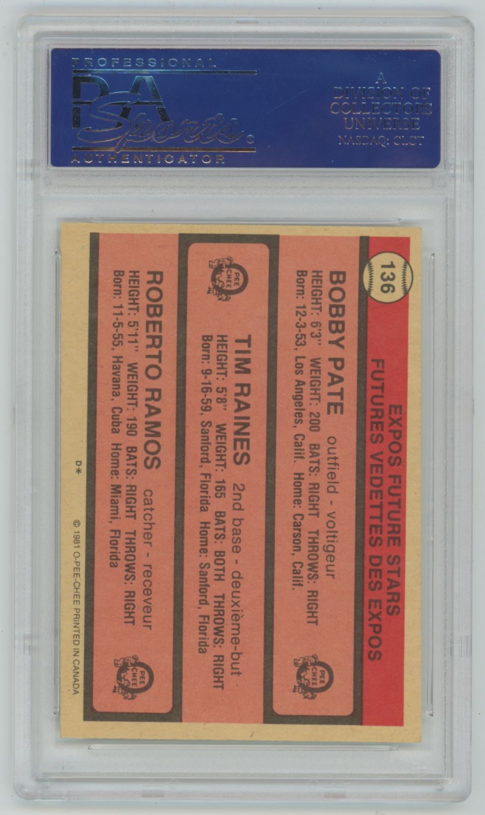 1981 O-Pee-Chee Expos Future Stars Tim Raines, Roberto Ramos, Bobby Pate #136 - PSA 10