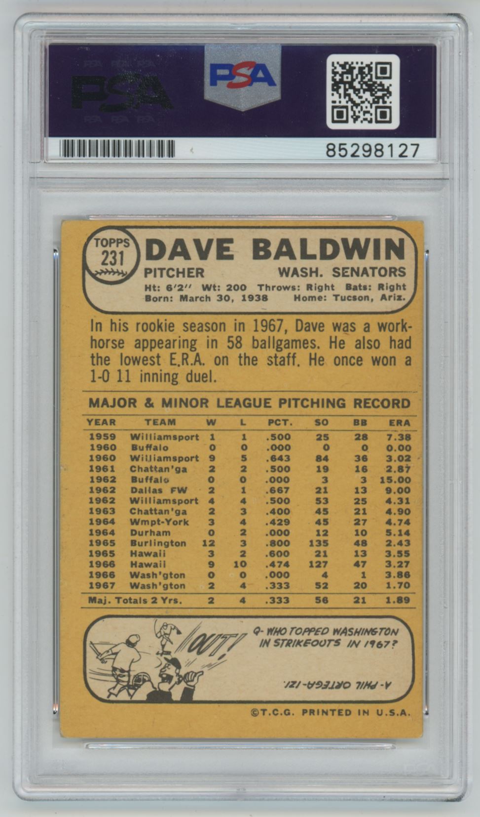 1968 Topps Dave Baldwin Auto - PSA/DNA Authentic (8127)