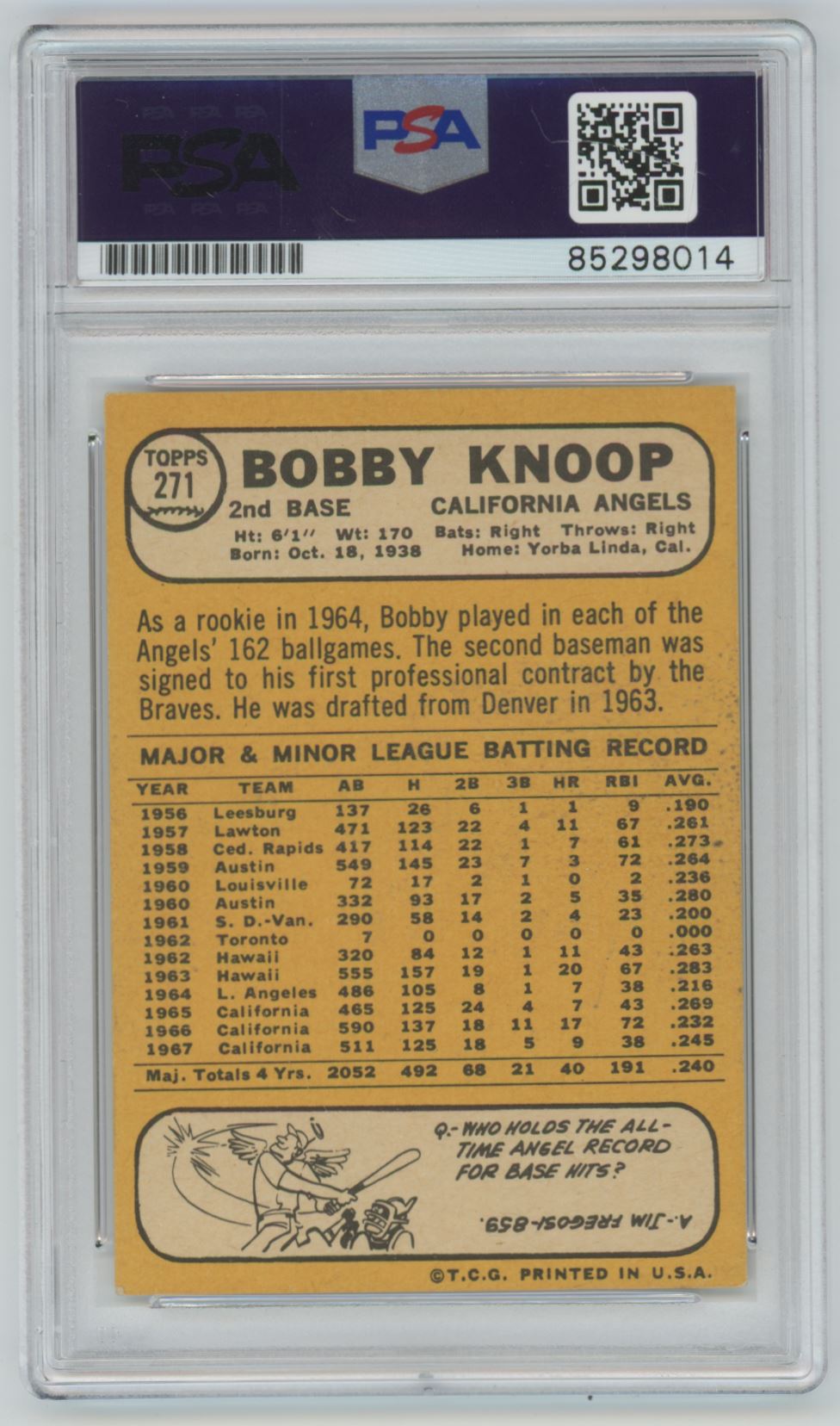 1968 Topps Bobby Knoop Auto - PSA/DNA Authentic (8014)