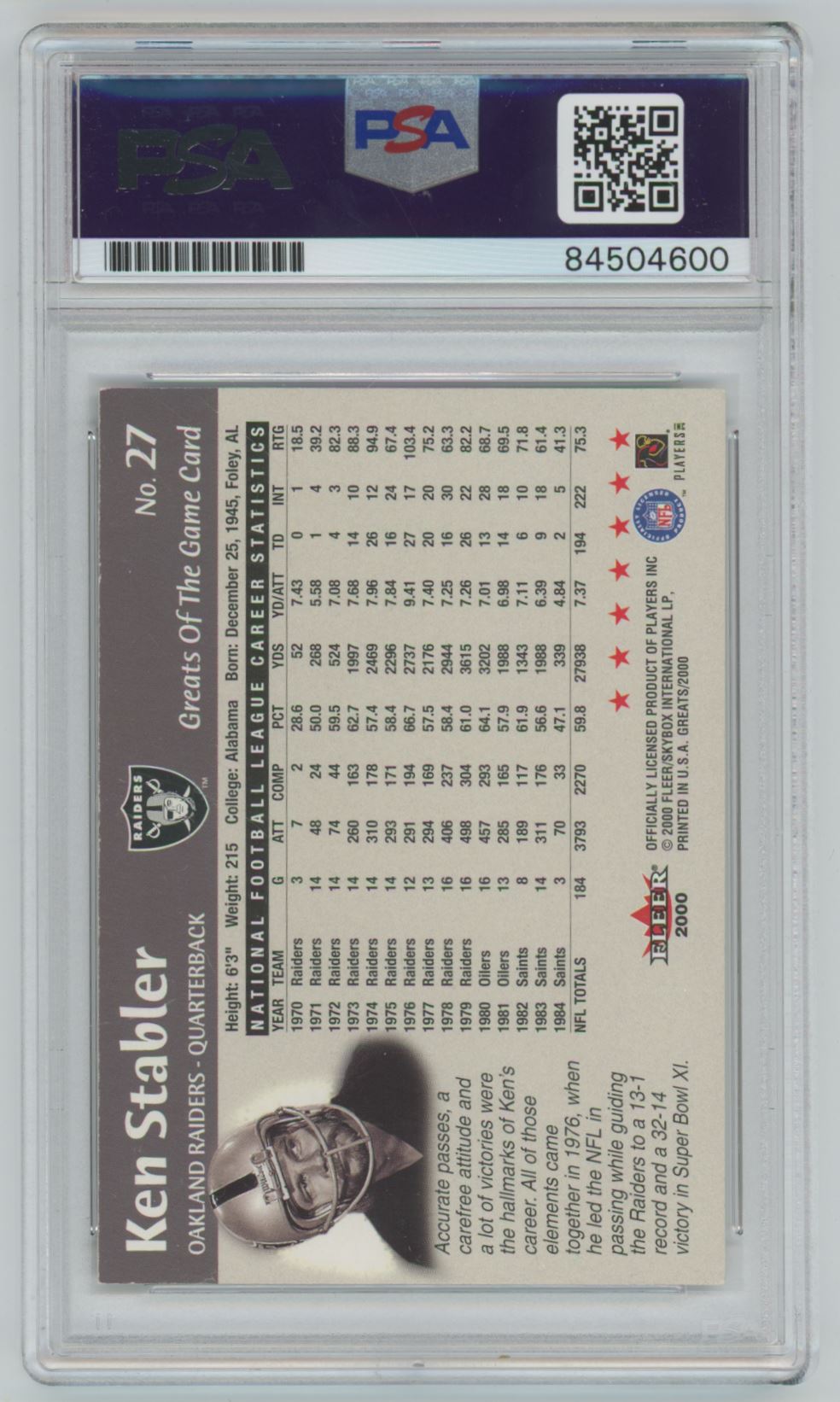 2000 Fleer Ken Stabler Auto - PSA/DNA