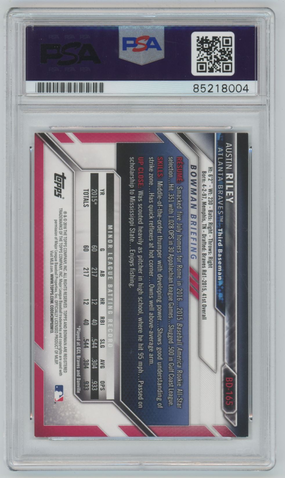 2016 Bowman Draft Austin Riley Auto - PSA/DNA