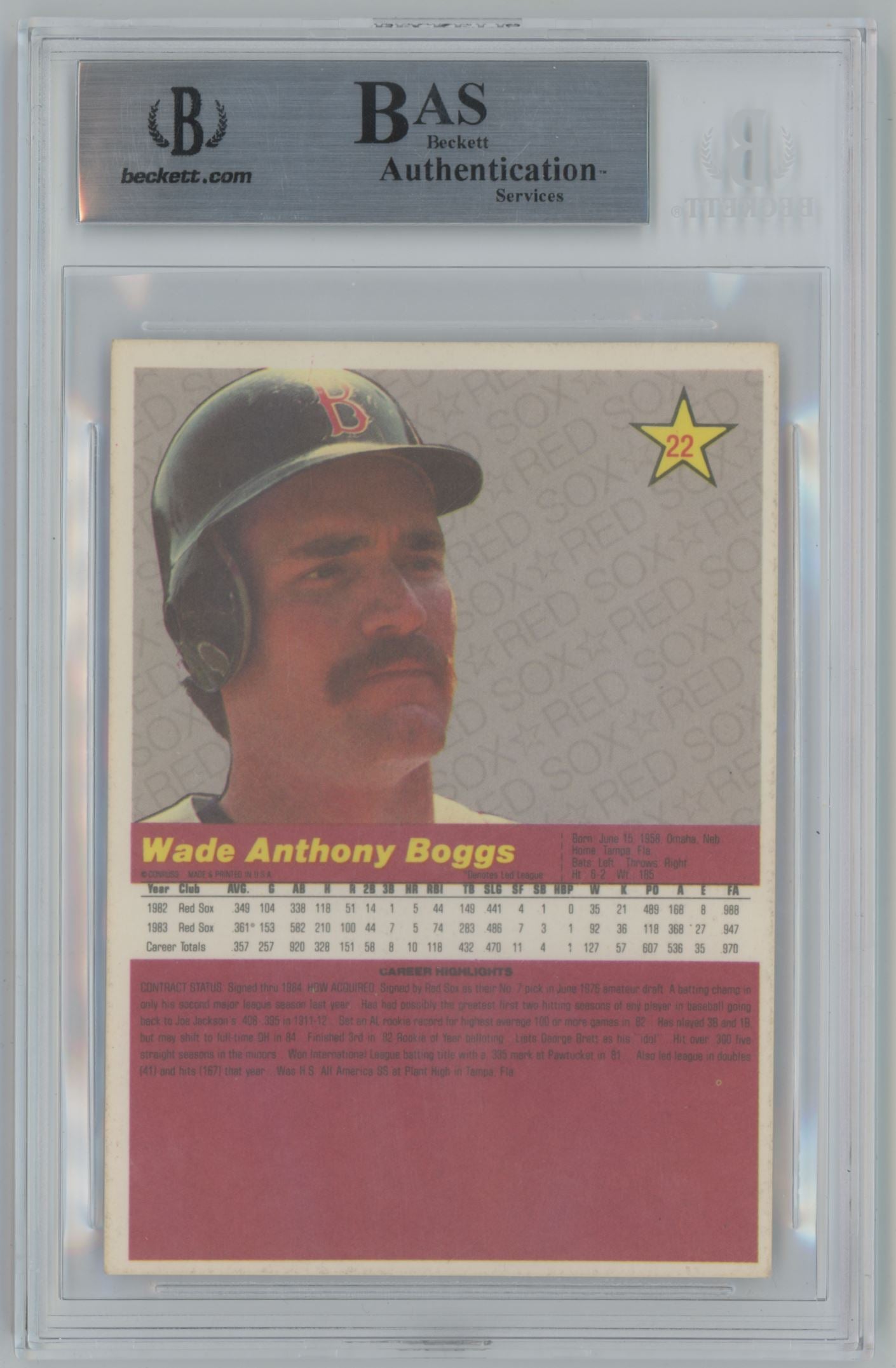 1984 Donruss Action All-Stars Wade Boggs #22 Auto Beckett Authentic