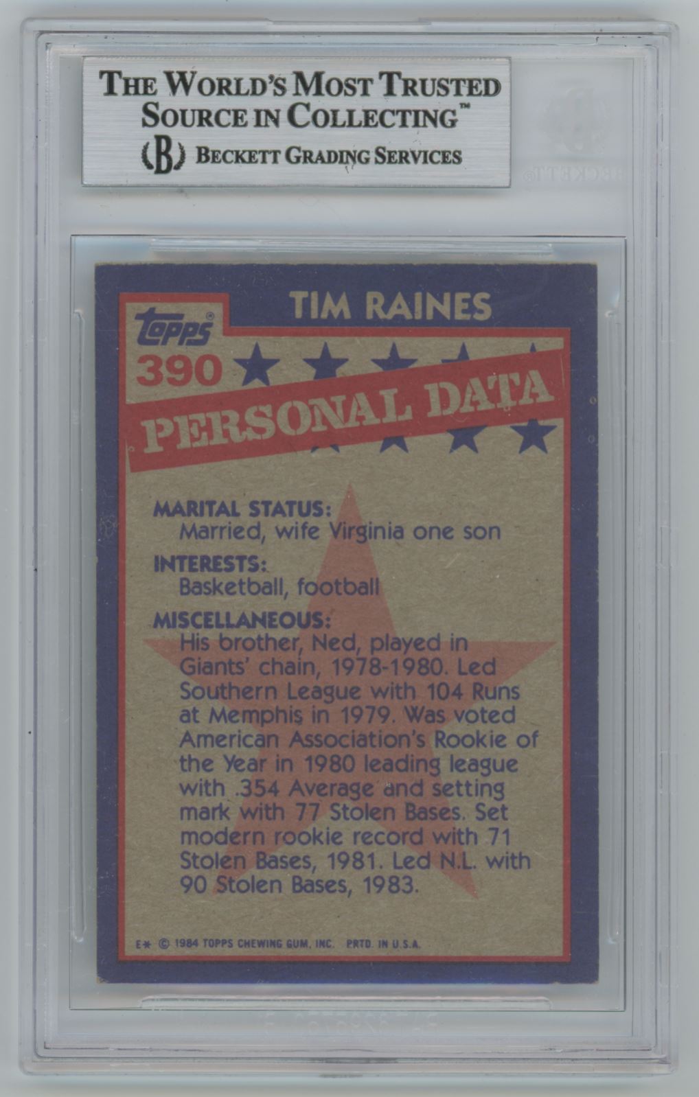 1984 Topps Tim Raines #390 Auto - Beckett Authentic