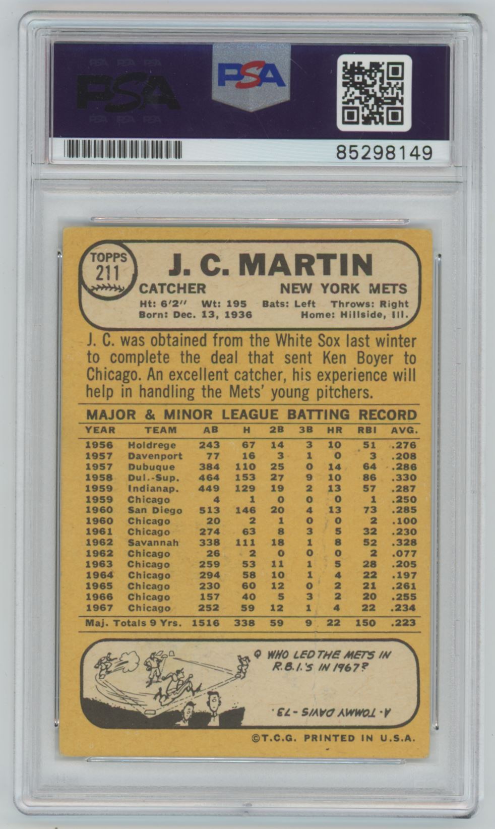 1968 Topps J.C. Martin Auto - PSA/DNA Authentic (8149)