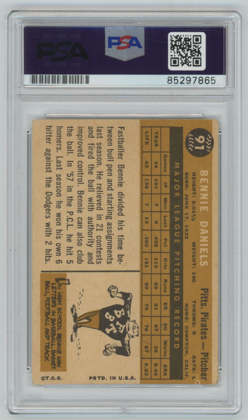 1960 Topps Bennie Daniels #91 Auto - PSA/DNA Authentic