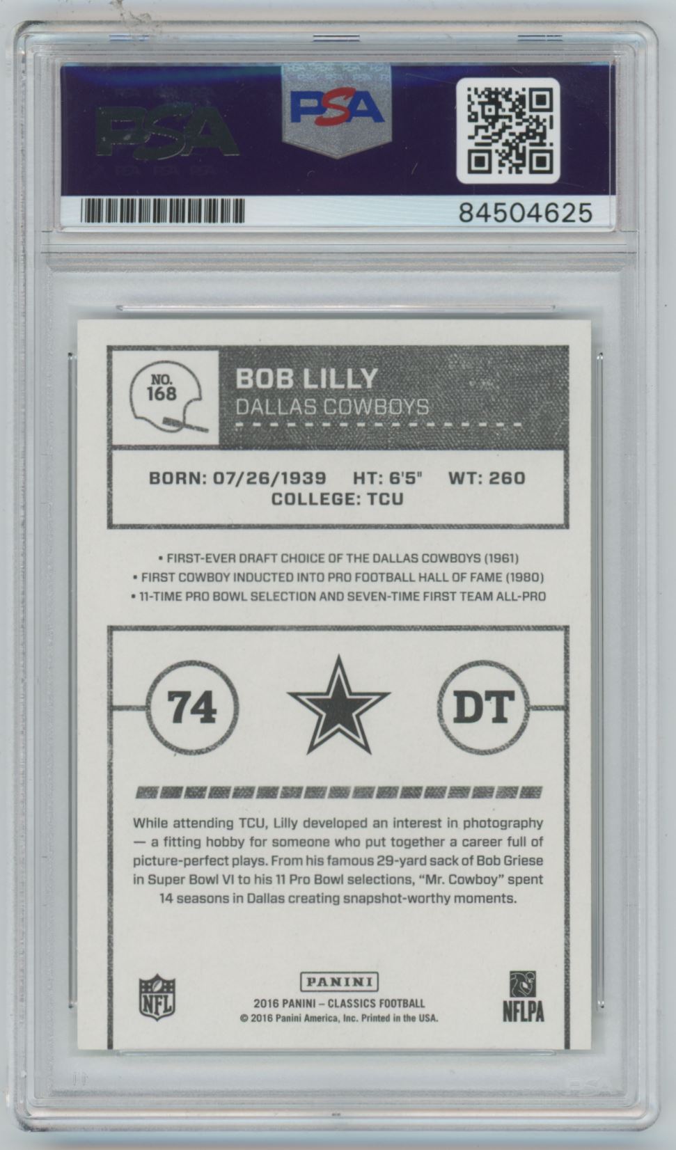 2016 Panini Classics Bob Lilly Auto - PSA/DNA