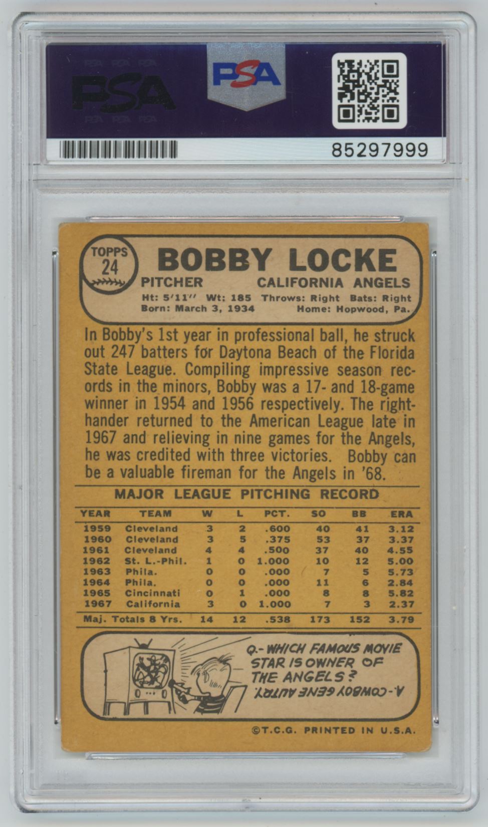 1968 Topps Bob Locke Auto - PSA/DNA Authentic (7999)