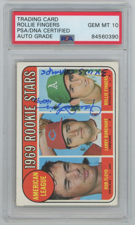 1969 Topps Rollie Fingers ROOKIE CARD Auto "3 x WS Champs" - PSA/DNA Authentic