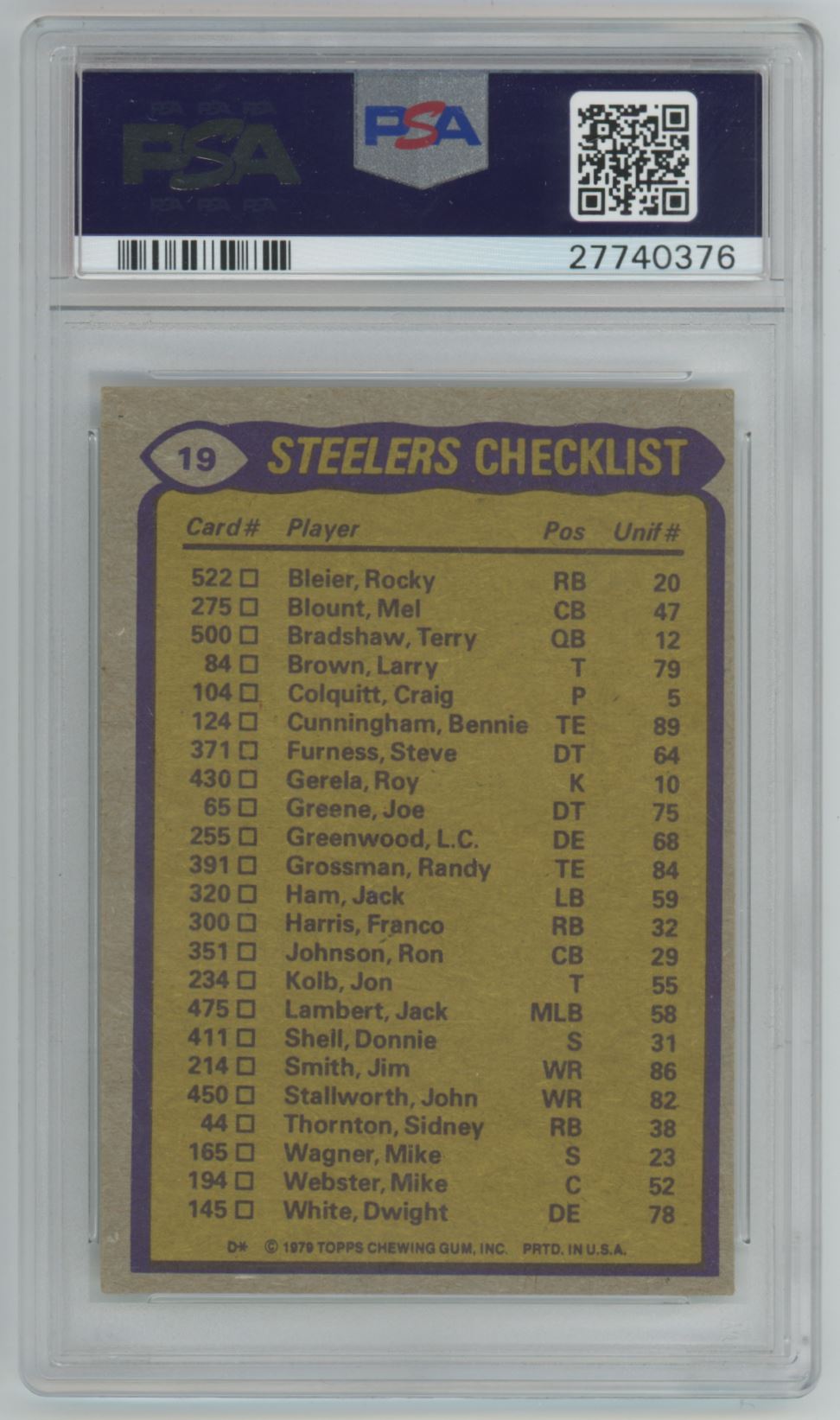 1979 Topps Tony Dungy #19 STEELERS HOF Auto - PSA/DNA