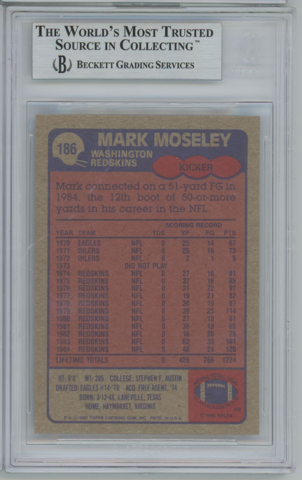 1985 Topps #186 Mark Moseley Auto - Beckett Authentic (9988)