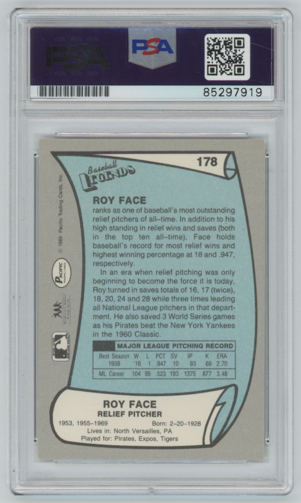 1990 Pacific Roy Face #178 Auto - PSA/DNA Authentic