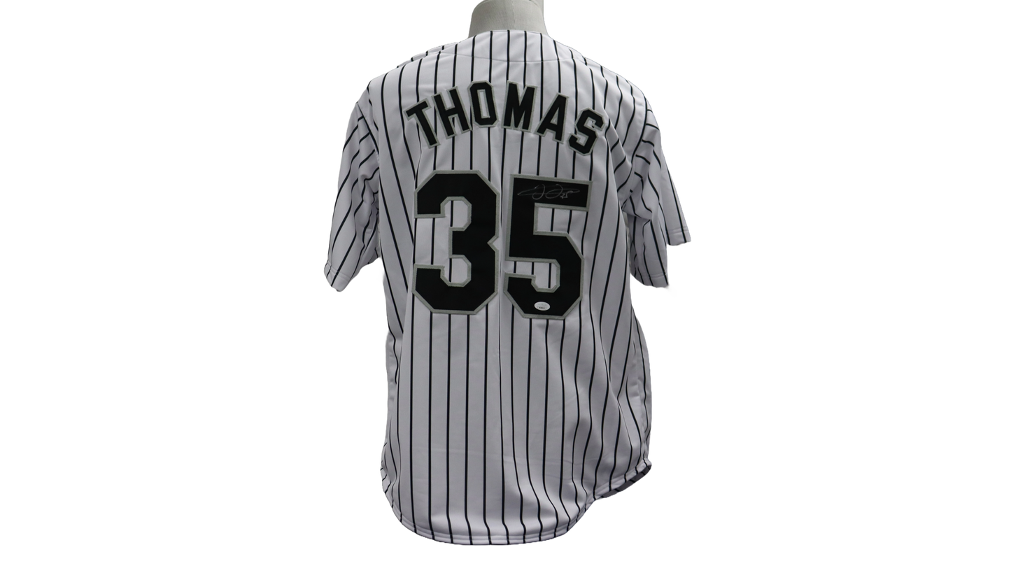 FRANK THOMAS CUSTOM AUTOGRAPHED WHITE PINSTRIPE JERSEY (JSA)