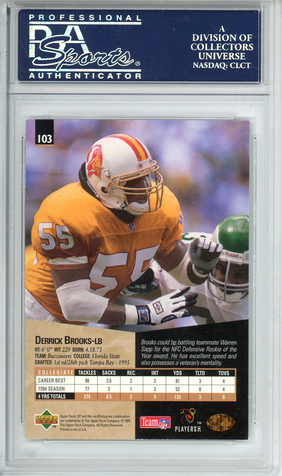 1995 UPPER DECK SP DERRICK BROOKS #103 HOF AUTOGRAPH PSA/DNA