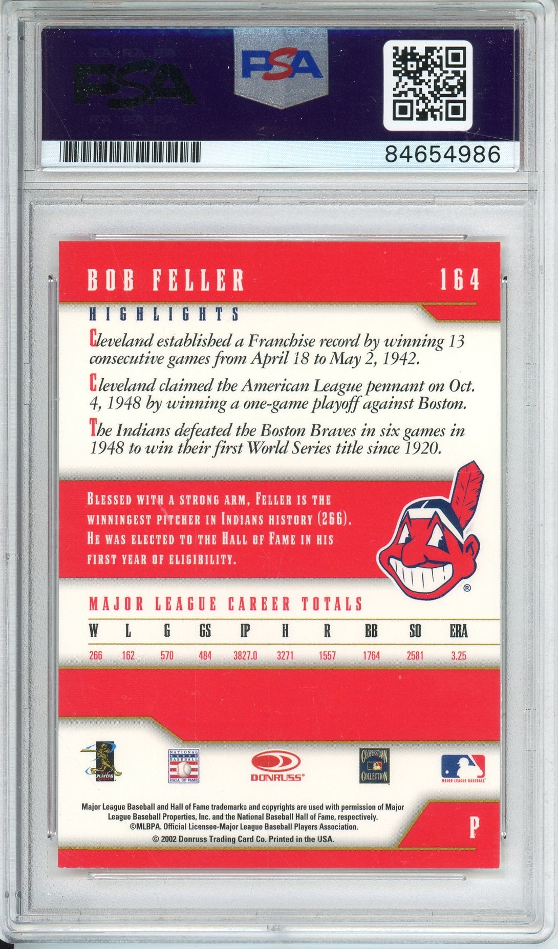 2002 DONRUSS TEAM HEROS BOB FELLER PSA/DNA AUTHENTIC AUTO HOF