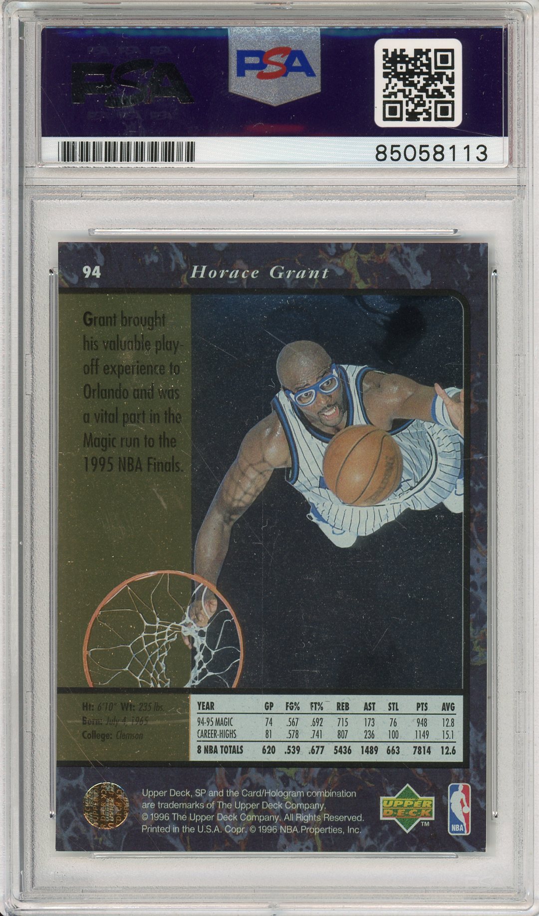 1996 UPPER DECK BASKETBALL HORACE GRANT #94 MAGIC HOF AUTOGRAPH PSA/DNA AUTHENTIC AUTO