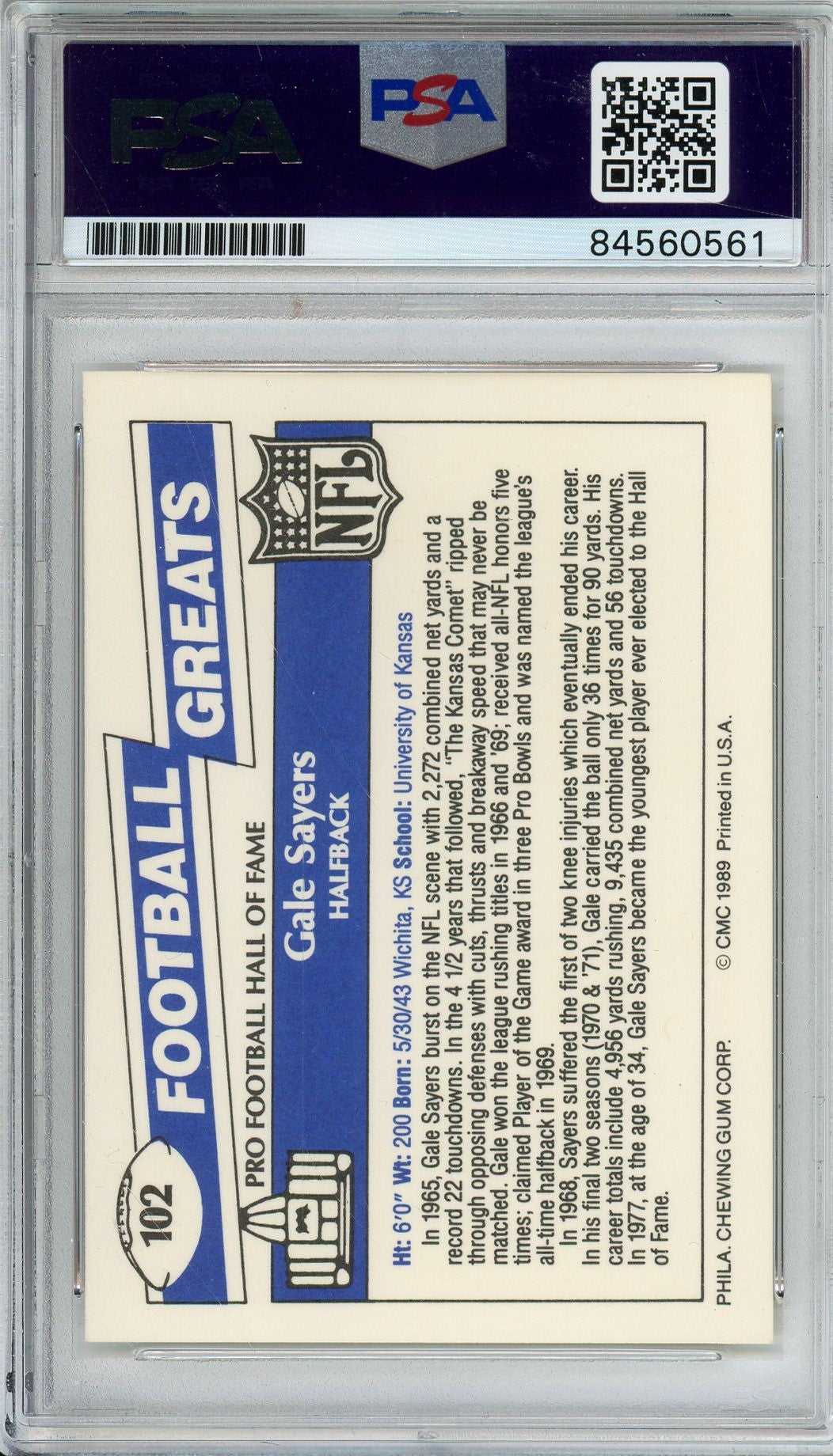 1989 SWELL FOOTBALL GREATS GALE SAYERS PSA/DNA AUTO CARD