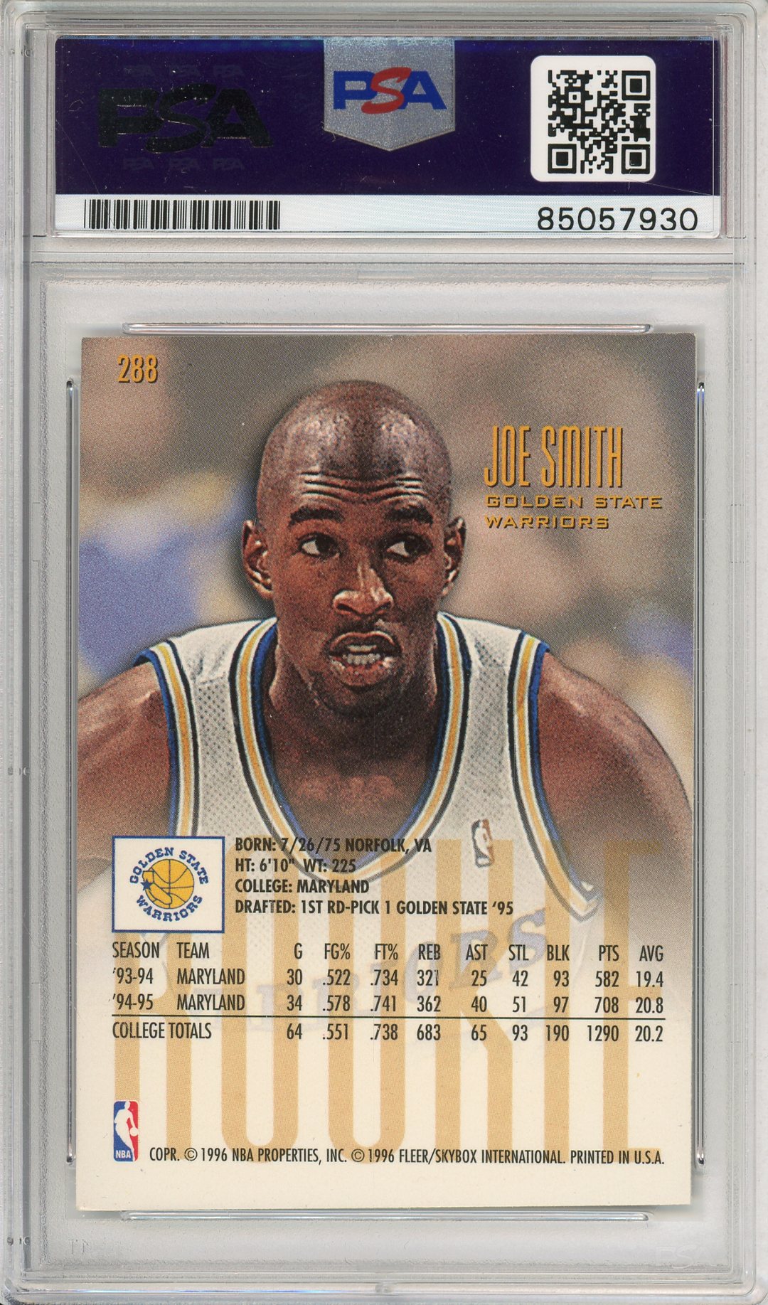1995-96 FLEER ULTRA BASKETBALL JOE SMITH #288 WARRIORS AUTOGRAPH PSA/DNA AUTHENTIC AUTO