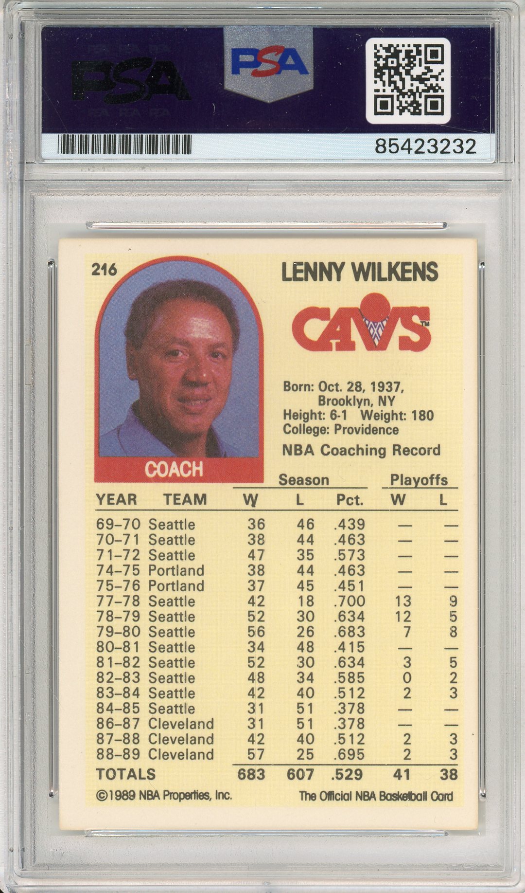 1989 NBA HOOPS LENNY WILKENS #216 CAVALIERS COACH HOF AUTOGRAPH PSA/DNA AUTHENTIC AUTO
