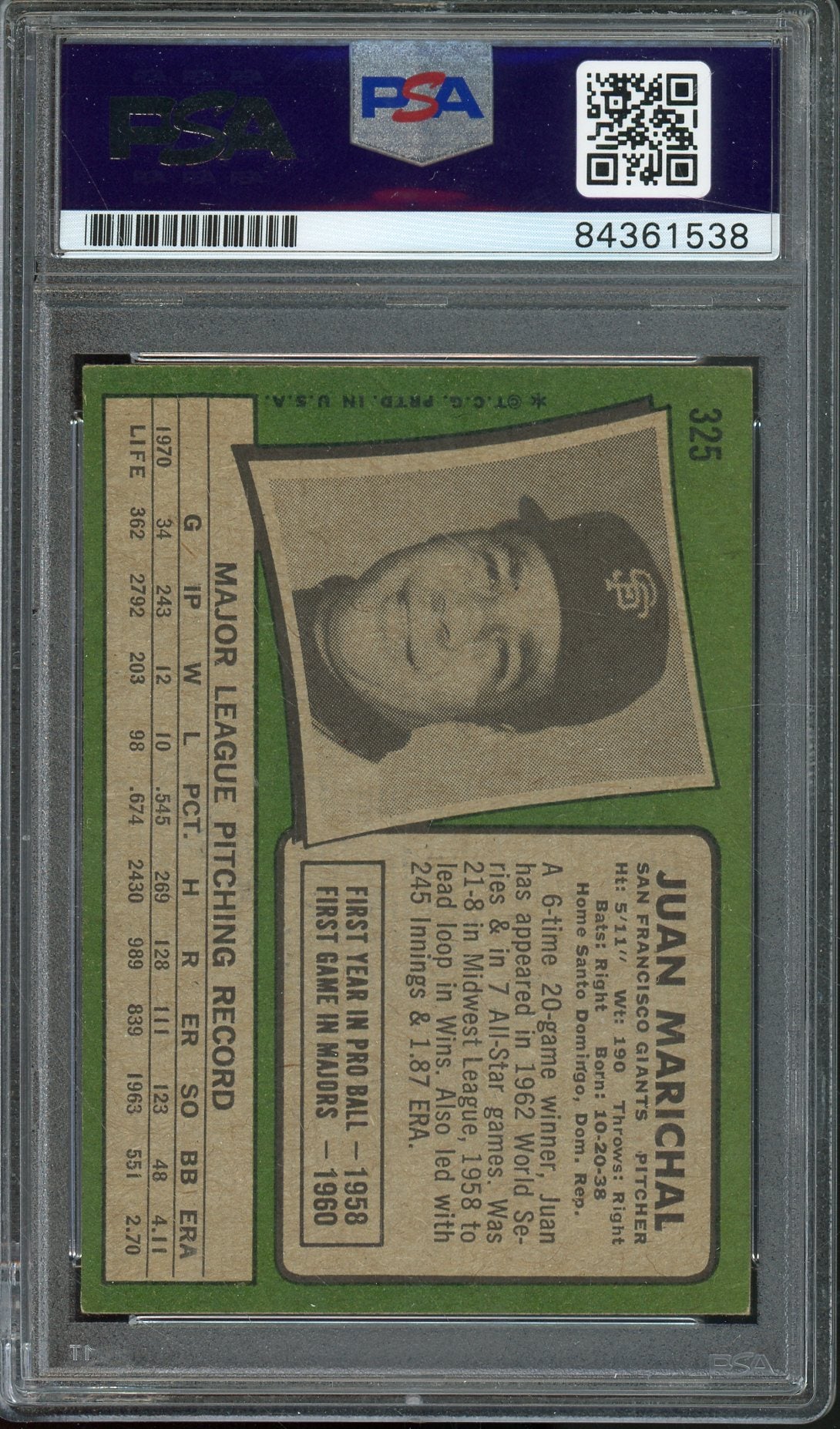 1971 TOPPS JUAN MARICHAL #325 HALL OF FAME AUTO PSA/DNA AUTO GRADE GEM MT 10